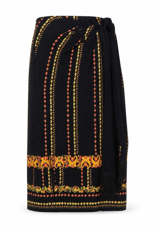 Front view of Whistles women’s black viscose midi skirt, size UK 10, embroidered bohemian wrap style