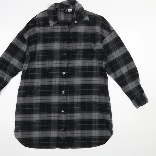 H&M Women Black Check Shirt Dress XS Flannel Cotton Long Sleeve Collared