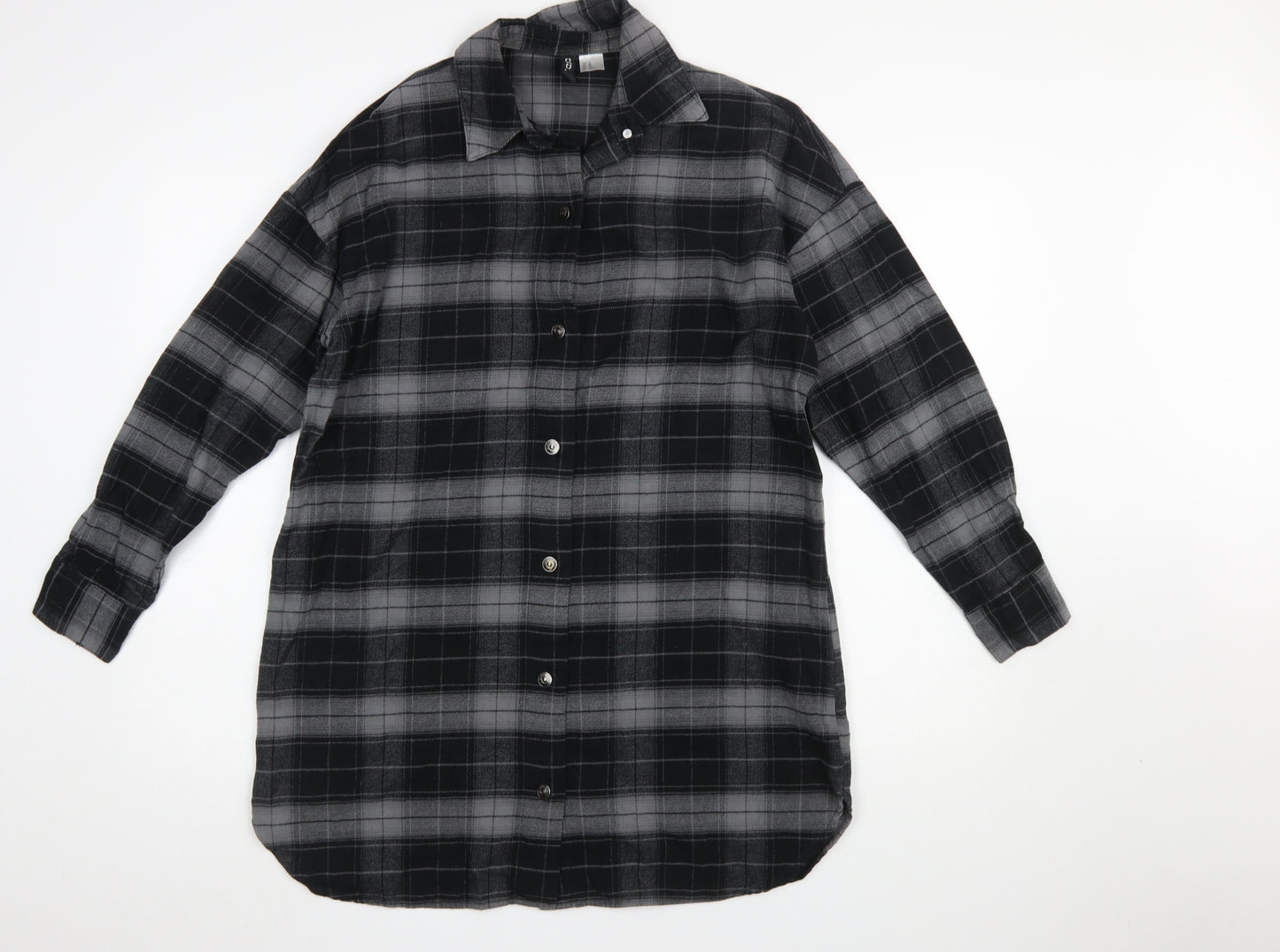 H&M Women Black Check Shirt Dress XS Flannel Cotton Long Sleeve Collared