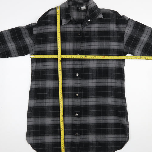 H&M Women Black Check Shirt Dress XS Flannel Cotton Long Sleeve Collared