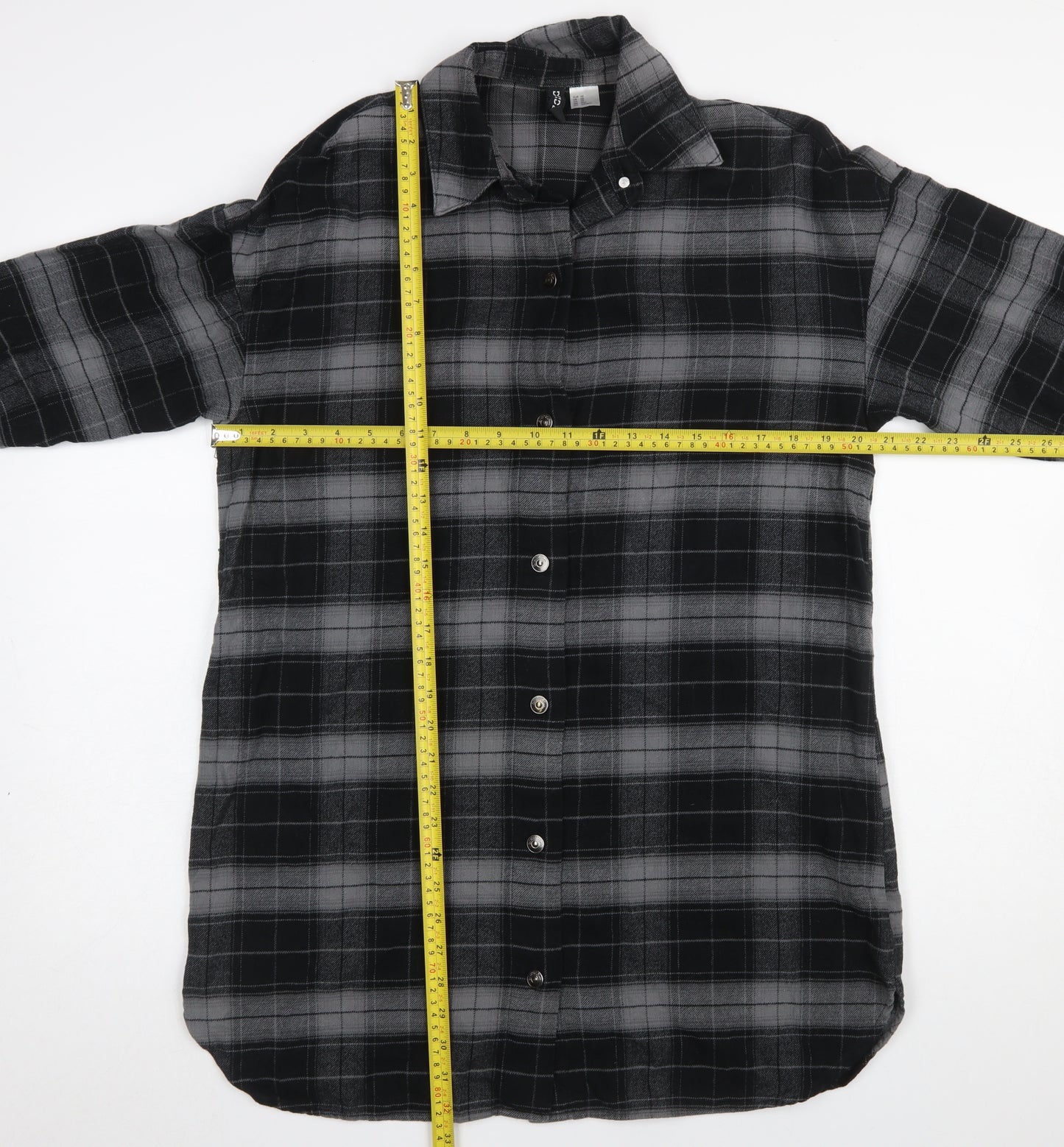 H&M Women Black Check Shirt Dress XS Flannel Cotton Long Sleeve Collared