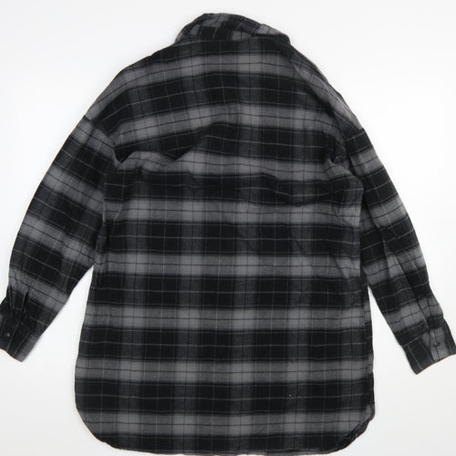 H&M Women Black Check Shirt Dress XS Flannel Cotton Long Sleeve Collared
