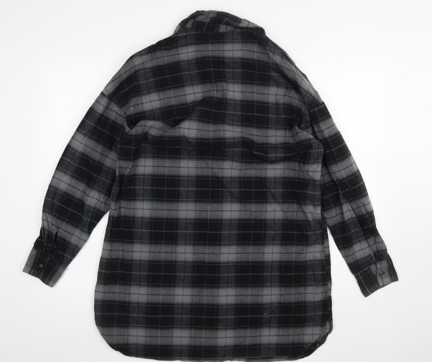 H&M Women Black Check Shirt Dress XS Flannel Cotton Long Sleeve Collared