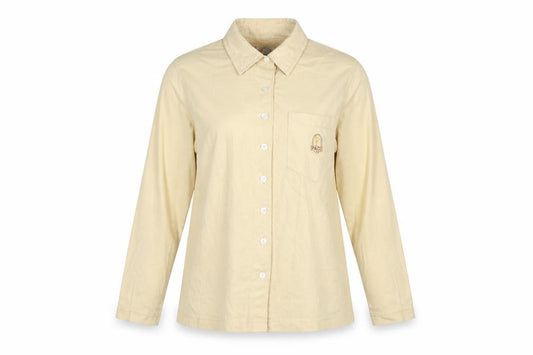 Front view of Paco Women's Beige Cotton Blend Long Sleeve Button-Up Shirt S