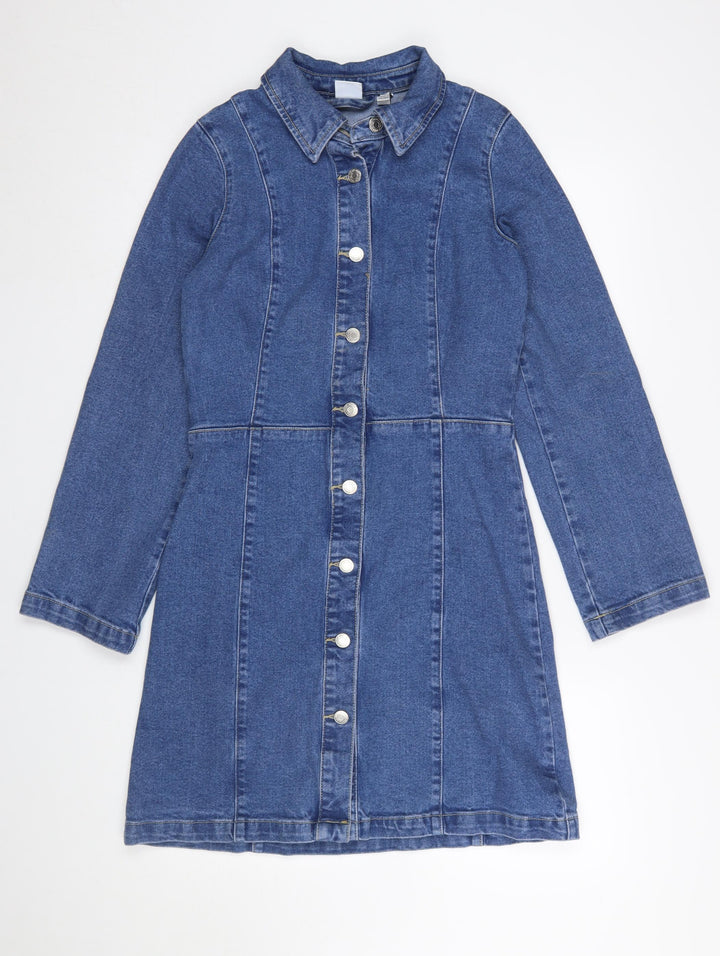 Vero Moda Women Blue Denim Button Front Long Sleeve Shirt Dress XS