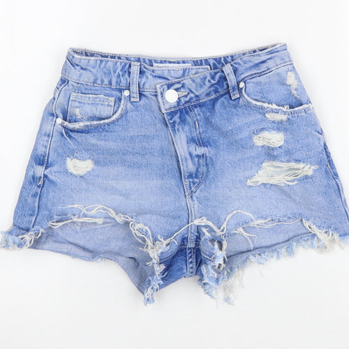 Bershka Women Blue Size 6 Cut-Off High Waist Denim Shorts