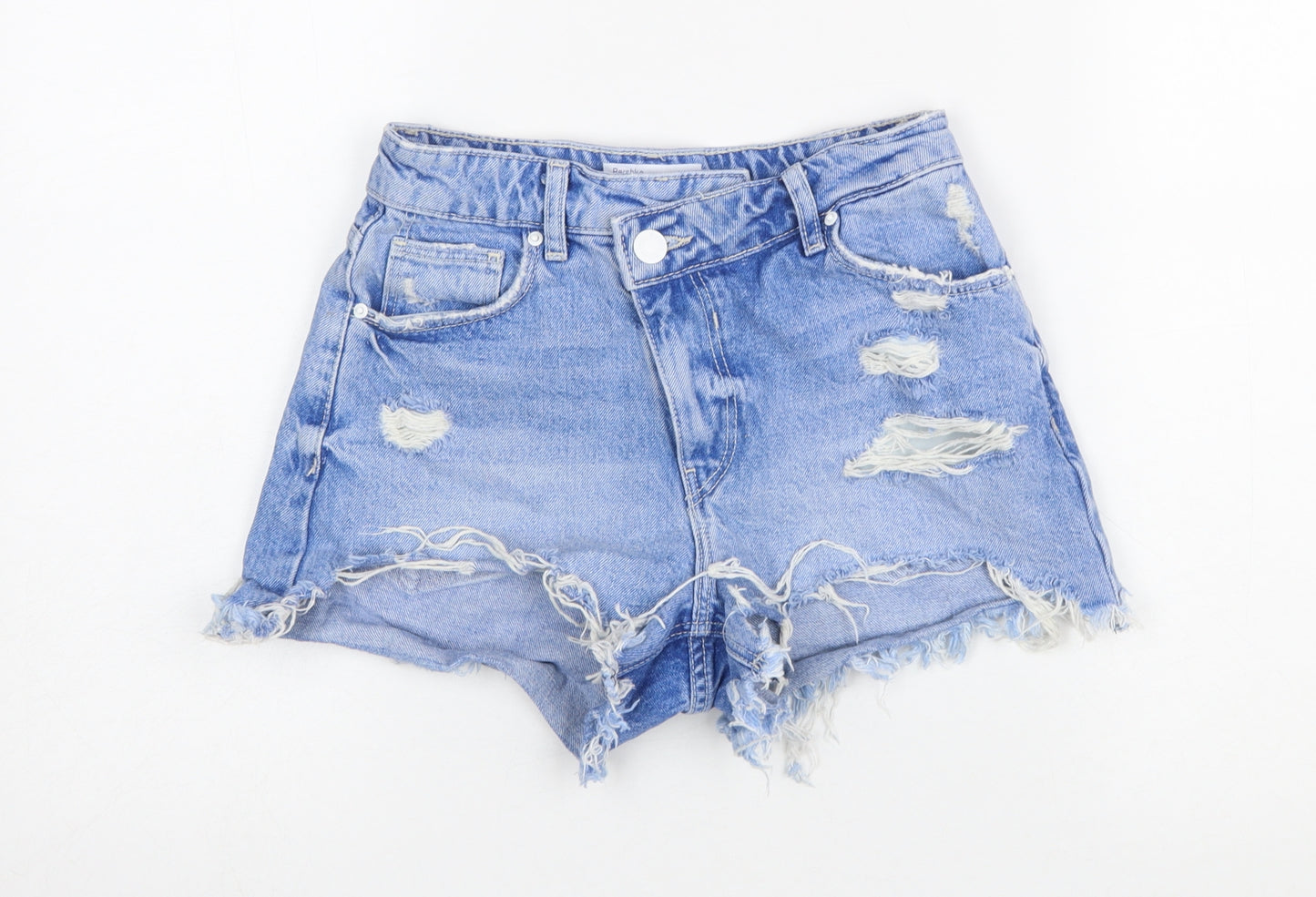 Bershka Women Blue Size 6 Cut-Off High Waist Denim Shorts