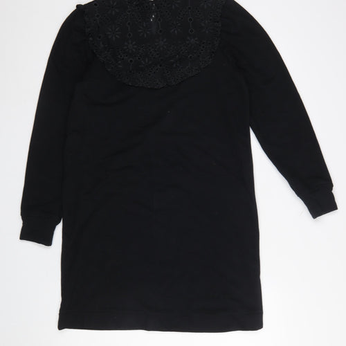 Oliver Bonas Women Black Size 8 Shift Lace High Neck Long Sleeve Dress