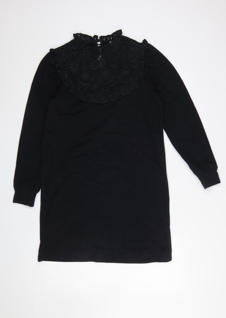 Oliver Bonas Women Black Size 8 Shift Lace High Neck Long Sleeve Dress
