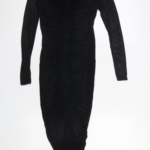 Boohoo Women’s Black Ruched Bodycon Midi Dress Size 8 Party