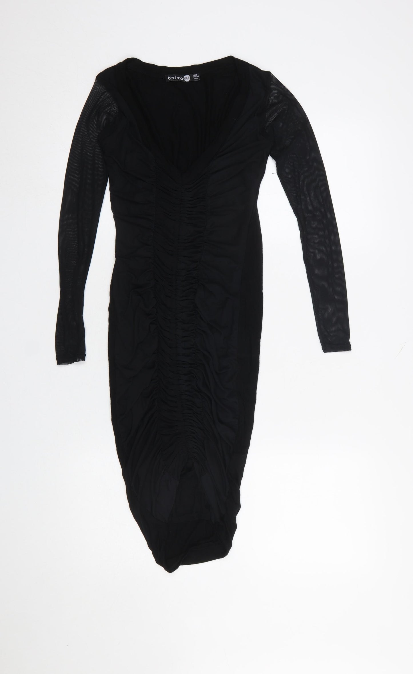 Boohoo Women’s Black Ruched Bodycon Midi Dress Size 8 Party