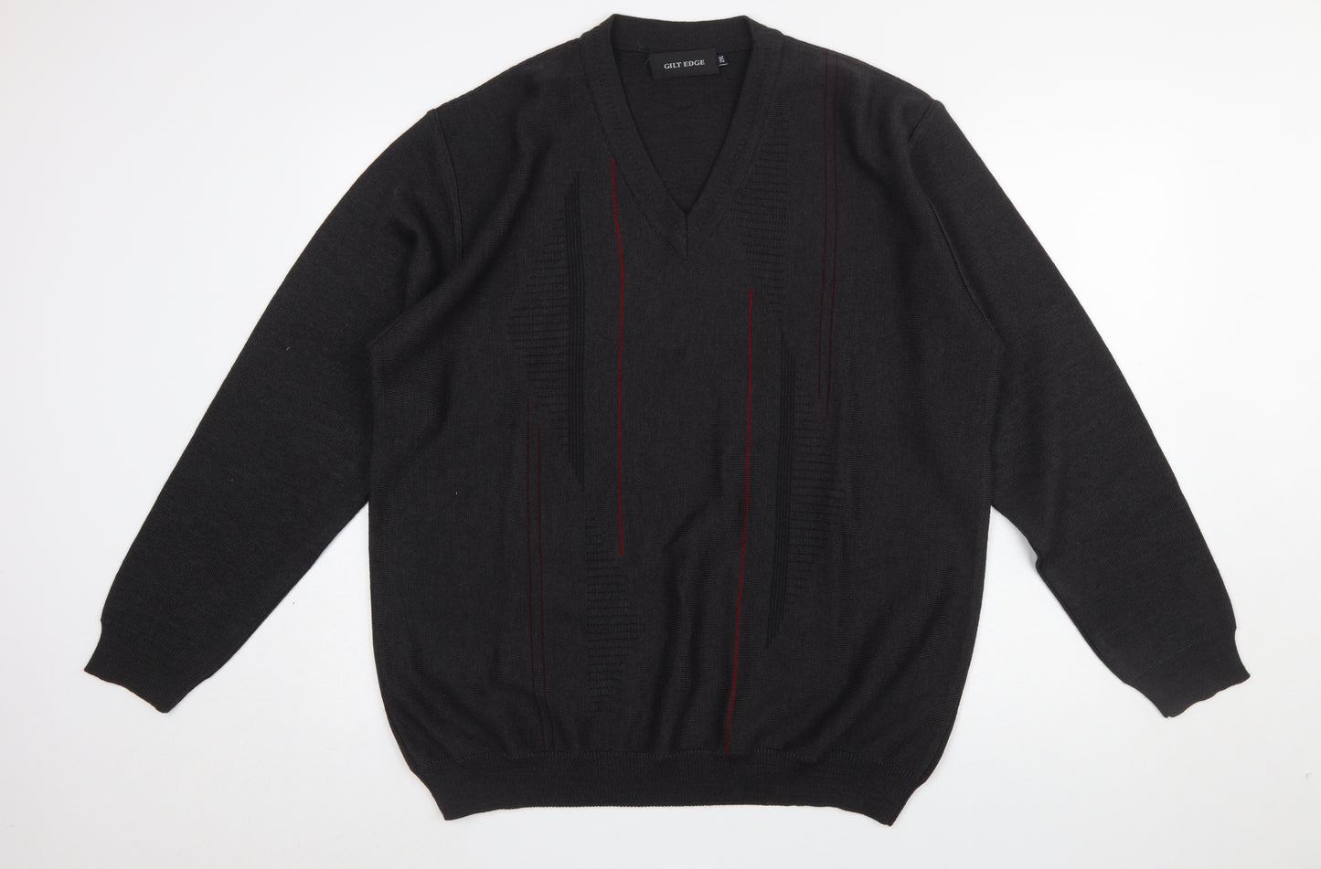 Gilt Edge Men's Black 2XL V-Neck Geometric Wool Blend Jumper