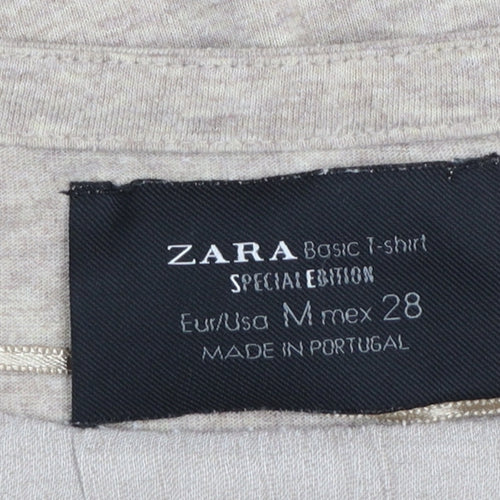 Zara Women Beige Basic Printed Crew Neck Short Sleeve T-Shirt Size M