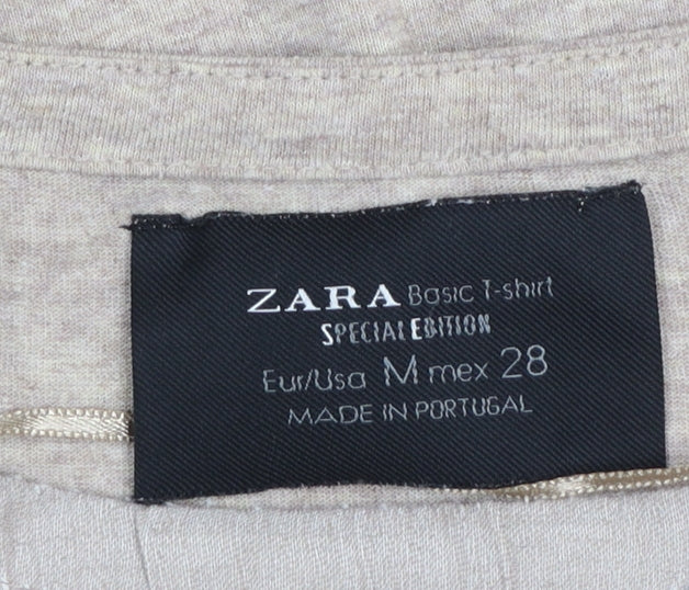 Zara Women Beige Basic Printed Crew Neck Short Sleeve T-Shirt Size M