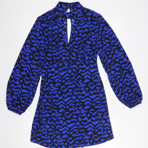 New Look Women’s Blue Animal Print High Neck Long Sleeve Short Dress Size 10