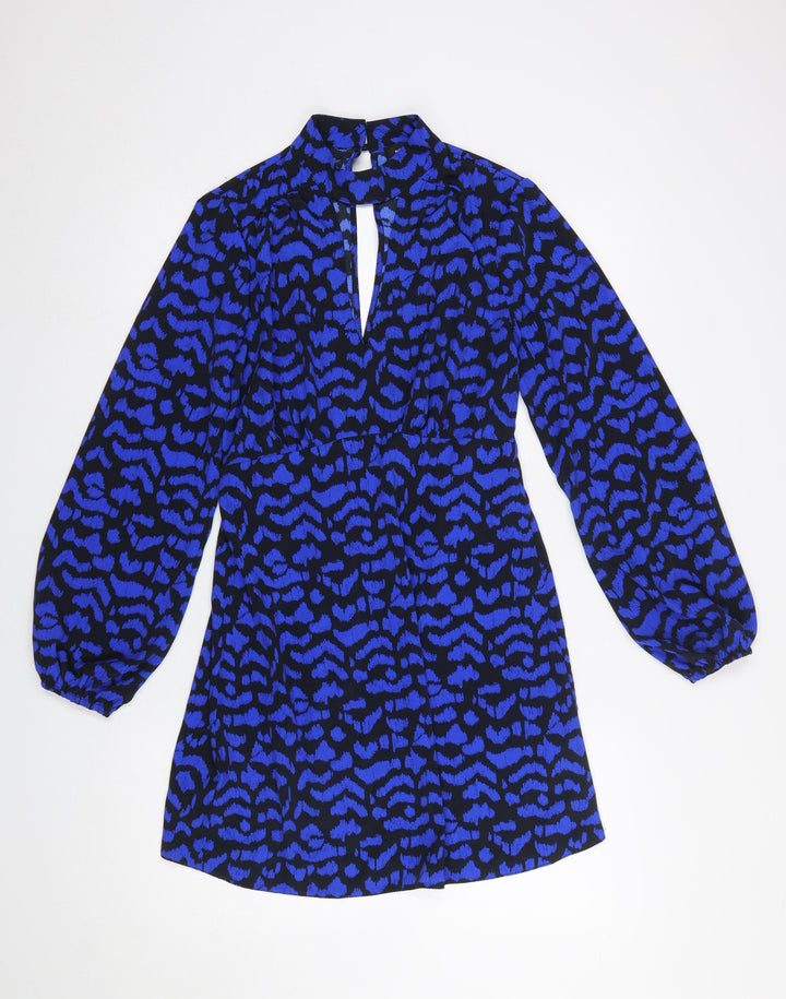 New Look Women’s Blue Animal Print High Neck Long Sleeve Short Dress Size 10