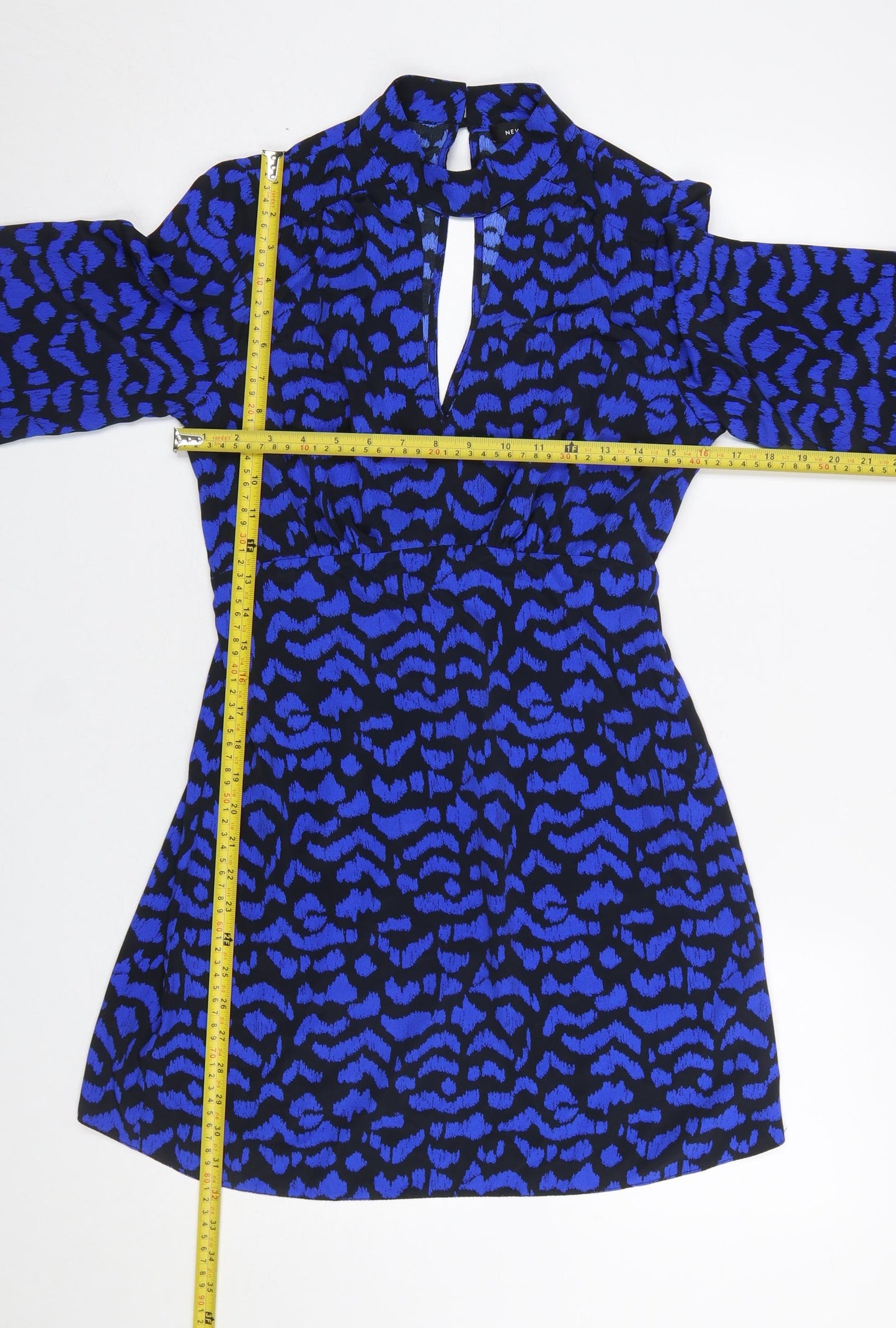New Look Women’s Blue Animal Print High Neck Long Sleeve Short Dress Size 10