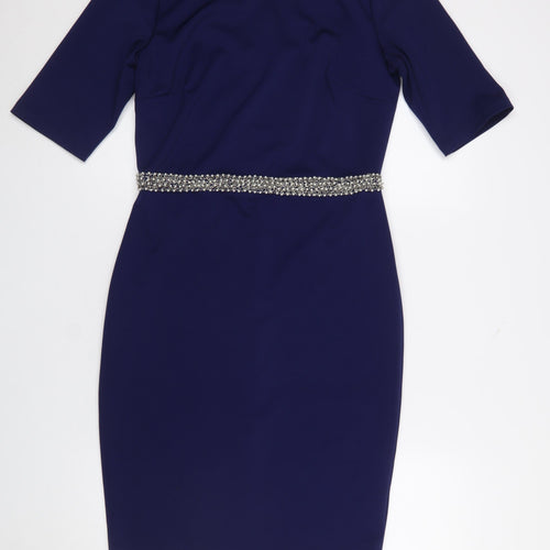 Paper Dolls Women's Blue Knee Length Bodycon Dress UK 12 Beaded Waist