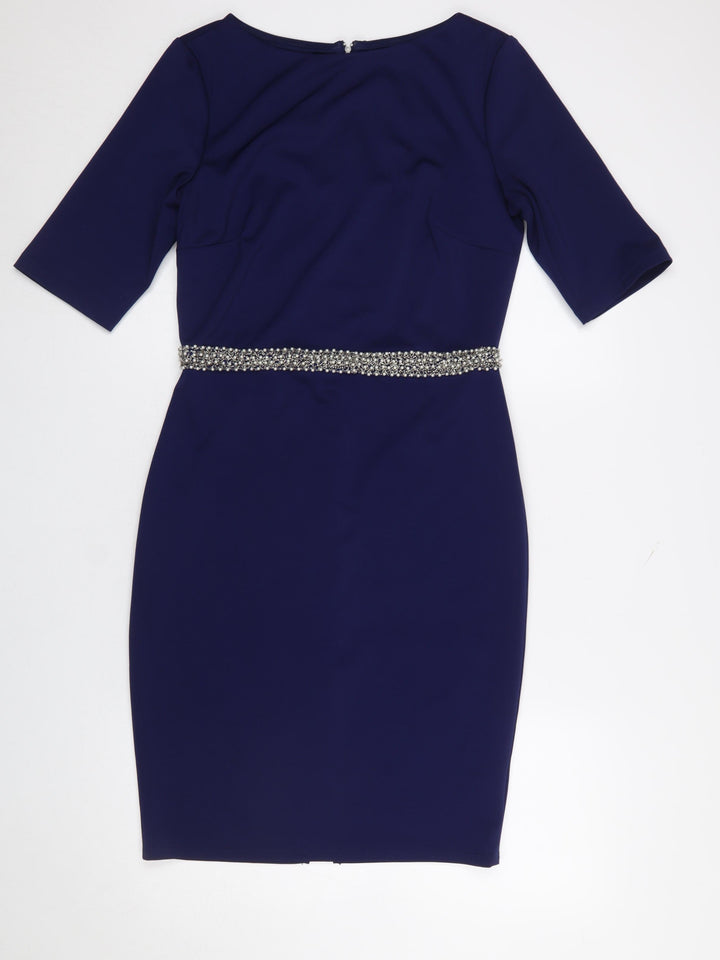 Paper Dolls Women's Blue Knee Length Bodycon Dress UK 12 Beaded Waist