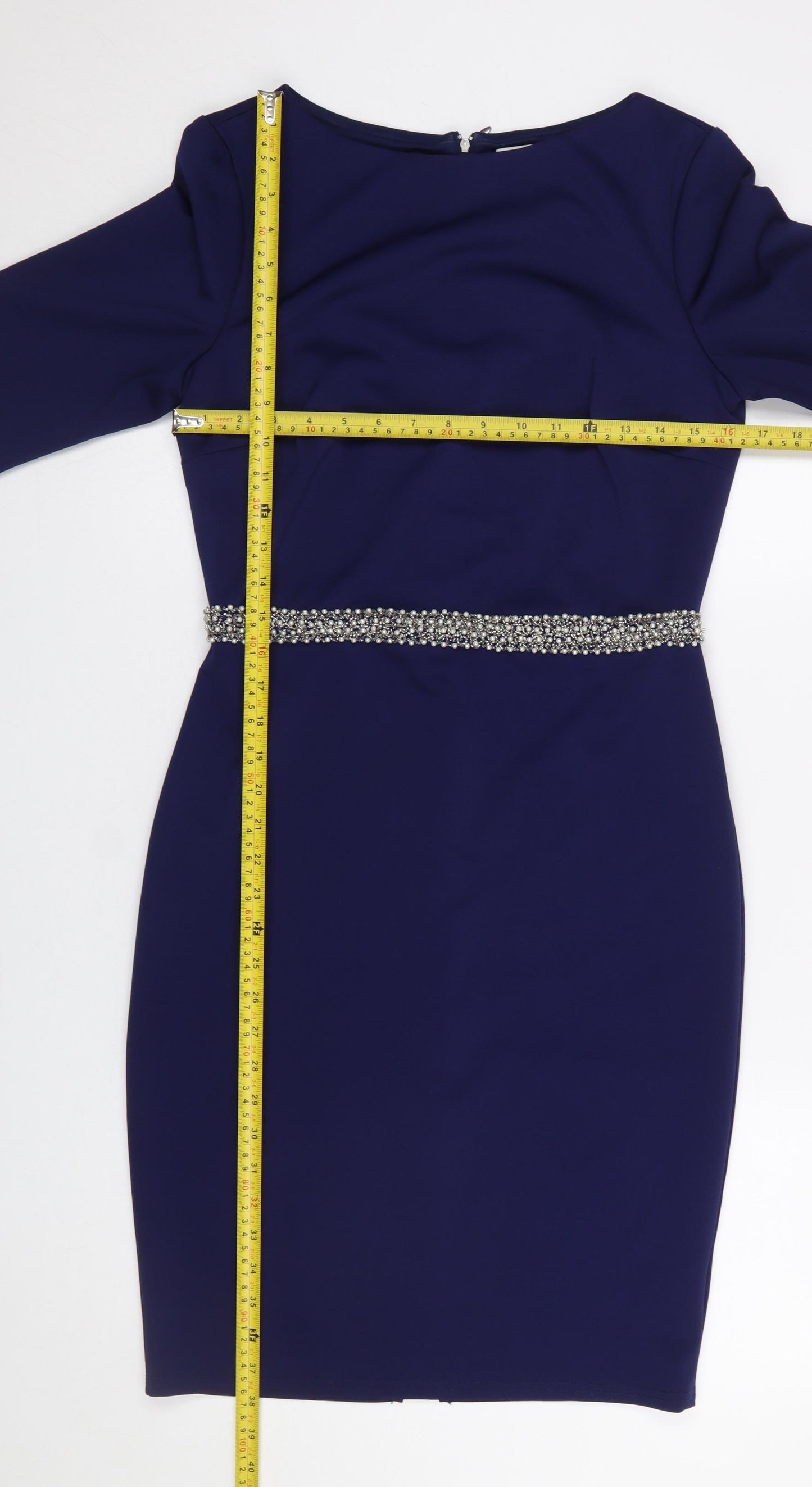 Paper Dolls Women's Blue Knee Length Bodycon Dress UK 12 Beaded Waist