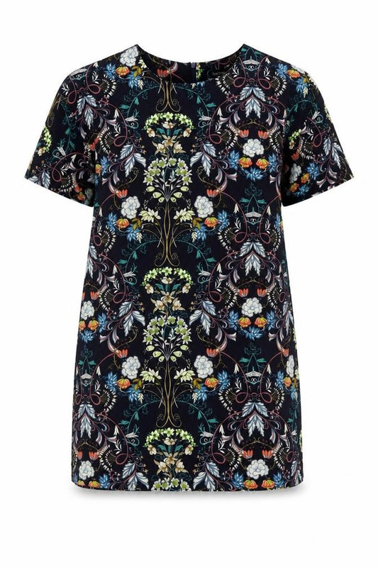 Front view of Boohoo Women’s Multicoloured Floral Shift Dress, size UK 12, Short Sleeve