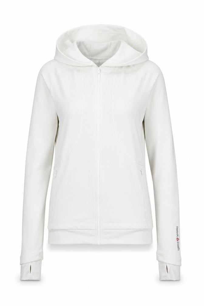 Front view of Reebok CrossFit Women's White S Athletic Full Zip Hooded Track Jacket