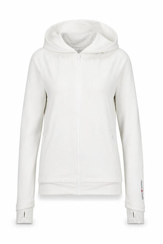 Front view of Reebok CrossFit Women's White S Athletic Full Zip Hooded Track Jacket