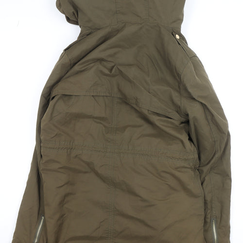 Mango Women’s Green Parka Coat Size 8 Hooded Drawstring Mid-Length