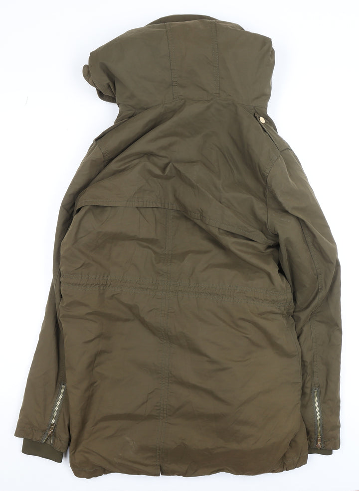 Mango Women’s Green Parka Coat Size 8 Hooded Drawstring Mid-Length