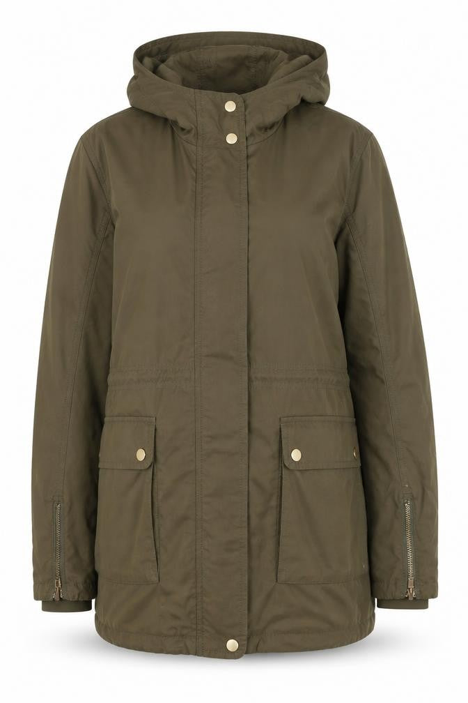 Mango Women’s Green Parka Coat Size 8 Hooded Drawstring Mid-Length
