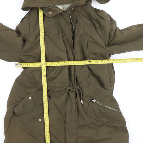 Mango Women’s Green Parka Coat Size 8 Hooded Drawstring Mid-Length