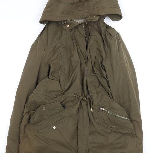 Mango Women’s Green Parka Coat Size 8 Hooded Drawstring Mid-Length