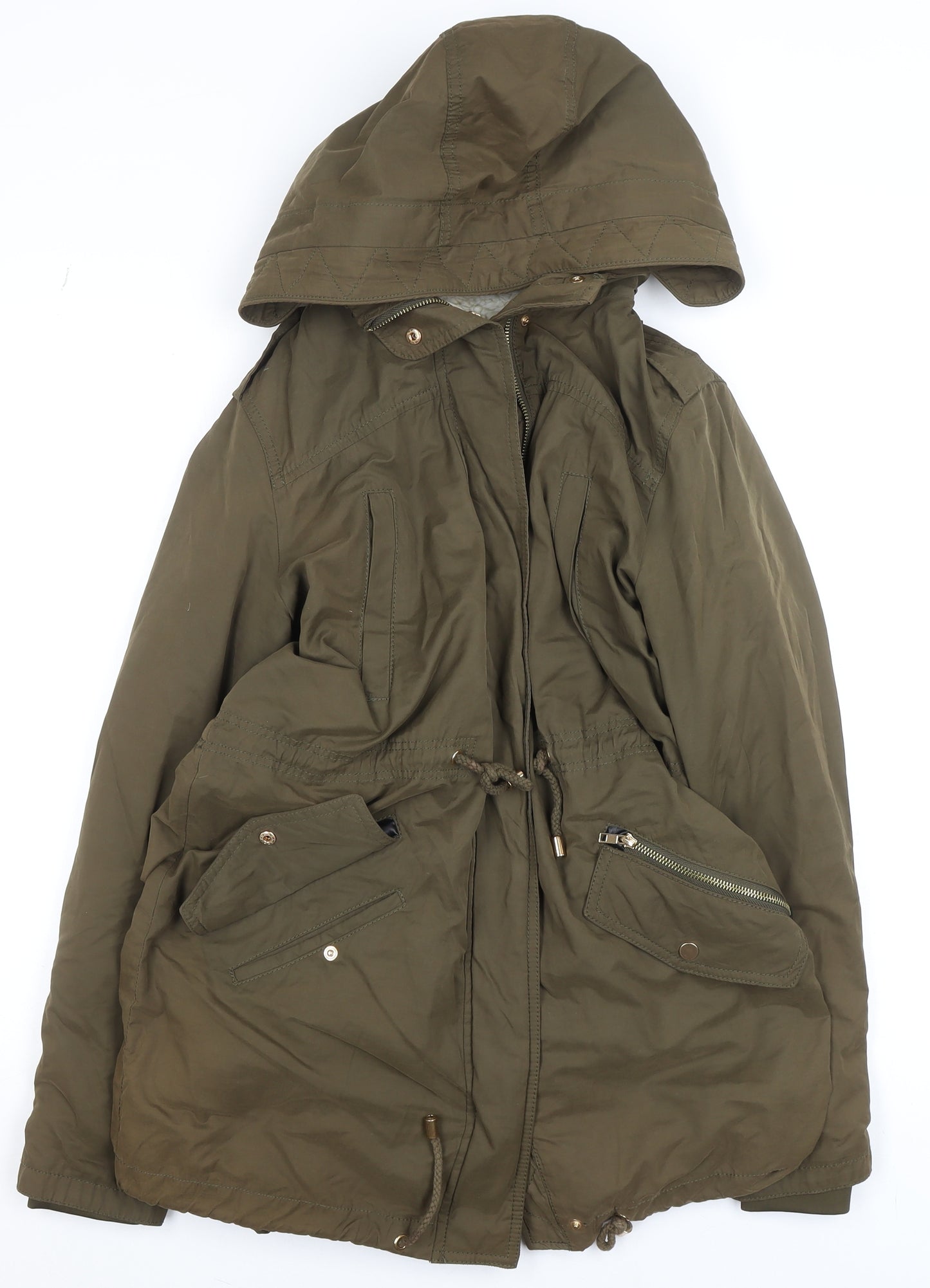 Mango Women’s Green Parka Coat Size 8 Hooded Drawstring Mid-Length