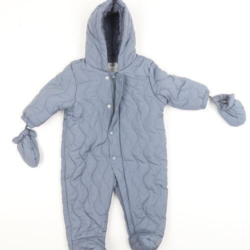 Marks and Spencer Blue Quilted Hooded Coverall 6-9 Months Unisex Winter