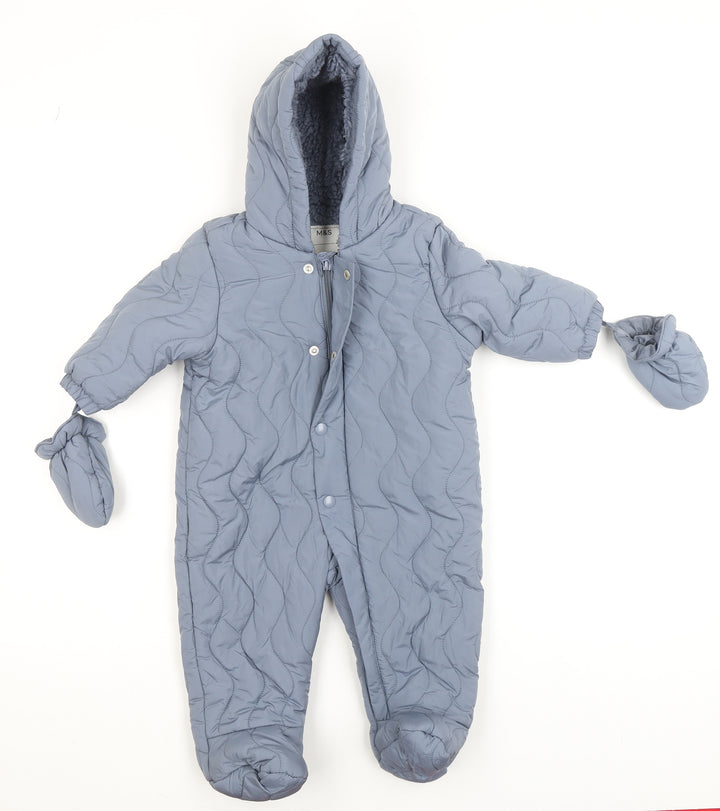 Marks and Spencer Blue Quilted Hooded Coverall 6-9 Months Unisex Winter