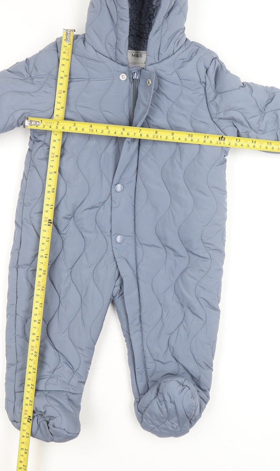 Marks and Spencer Blue Quilted Hooded Coverall 6-9 Months Unisex Winter
