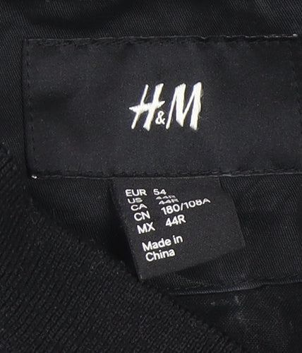 H&M Men's Black Bomber Jacket Size 54 (44in Chest) Casual Zip-Up