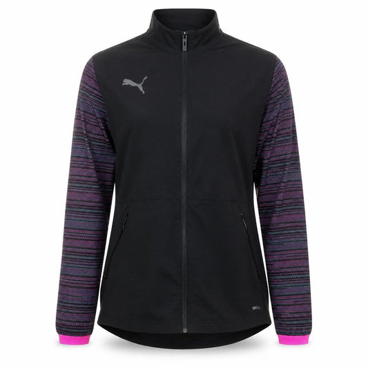 Front view of Puma women’s black slim fit track jacket, size S, long sleeve
