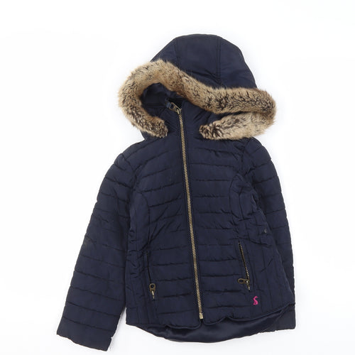 Joules Girls Blue Hooded Faux Fur Trim Puffer Jacket 6 Years