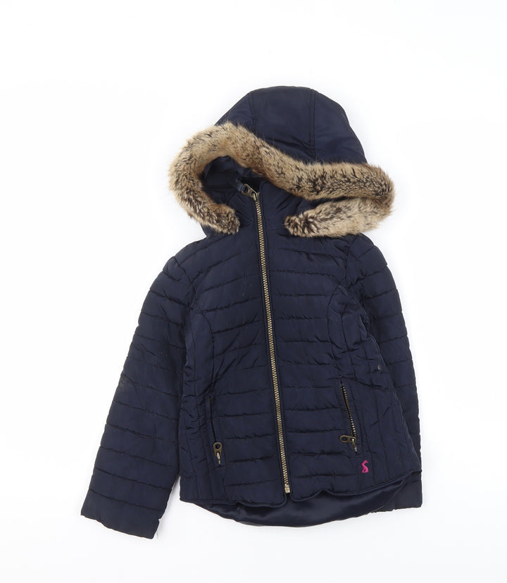 Joules Girls Blue Hooded Faux Fur Trim Puffer Jacket 6 Years