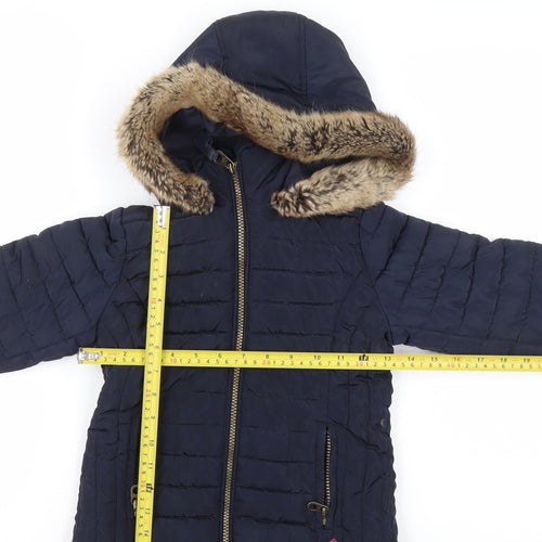 Joules Girls Blue Hooded Faux Fur Trim Puffer Jacket 6 Years