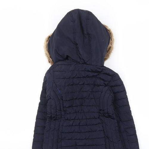 Joules Girls Blue Hooded Faux Fur Trim Puffer Jacket 6 Years