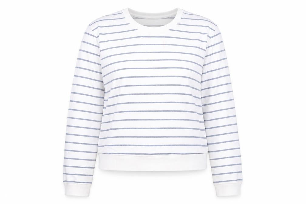 Front view of ASOS Women White Blue Striped Cotton Crew Neck Pullover Sweatshirt UK 10