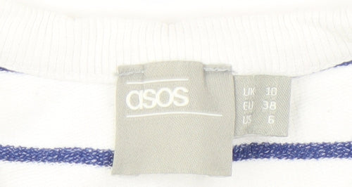 ASOS Women White Blue Striped Cotton Crew Neck Pullover Sweatshirt UK 10