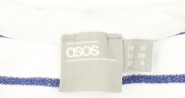 ASOS Women White Blue Striped Cotton Crew Neck Pullover Sweatshirt UK 10