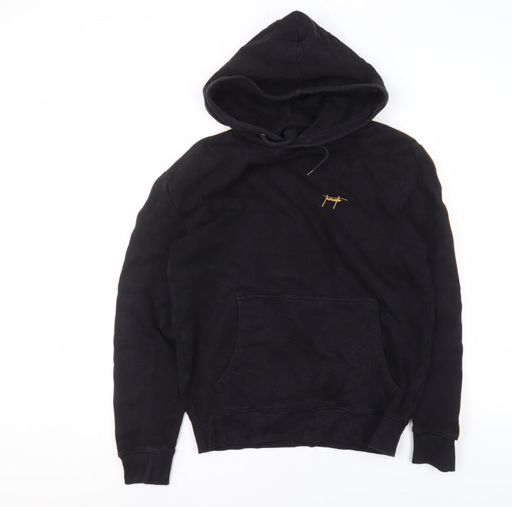 New Look Men's Black Small Pullover Hoodie with Yellow Stripes and Logo