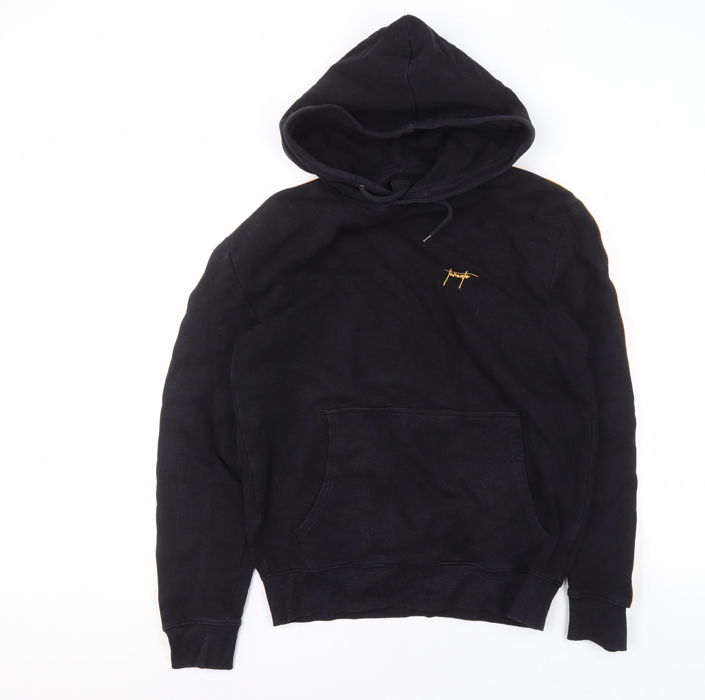 New Look Men's Black Small Pullover Hoodie with Yellow Stripes and Logo