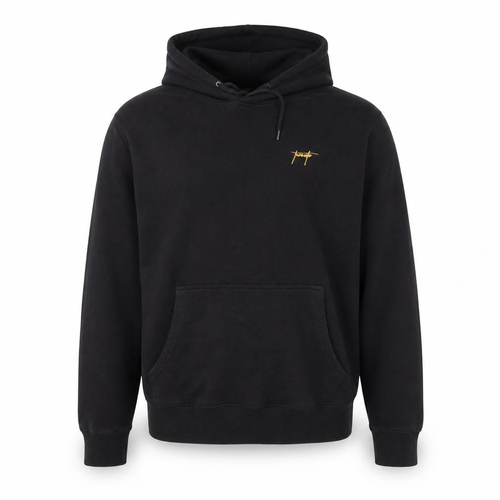 Front view of New Look Men's Black Small Pullover Hoodie with Yellow Stripes and Logo