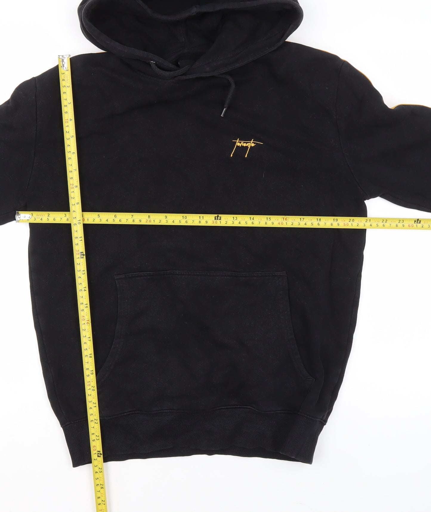 New Look Men's Black Small Pullover Hoodie with Yellow Stripes and Logo