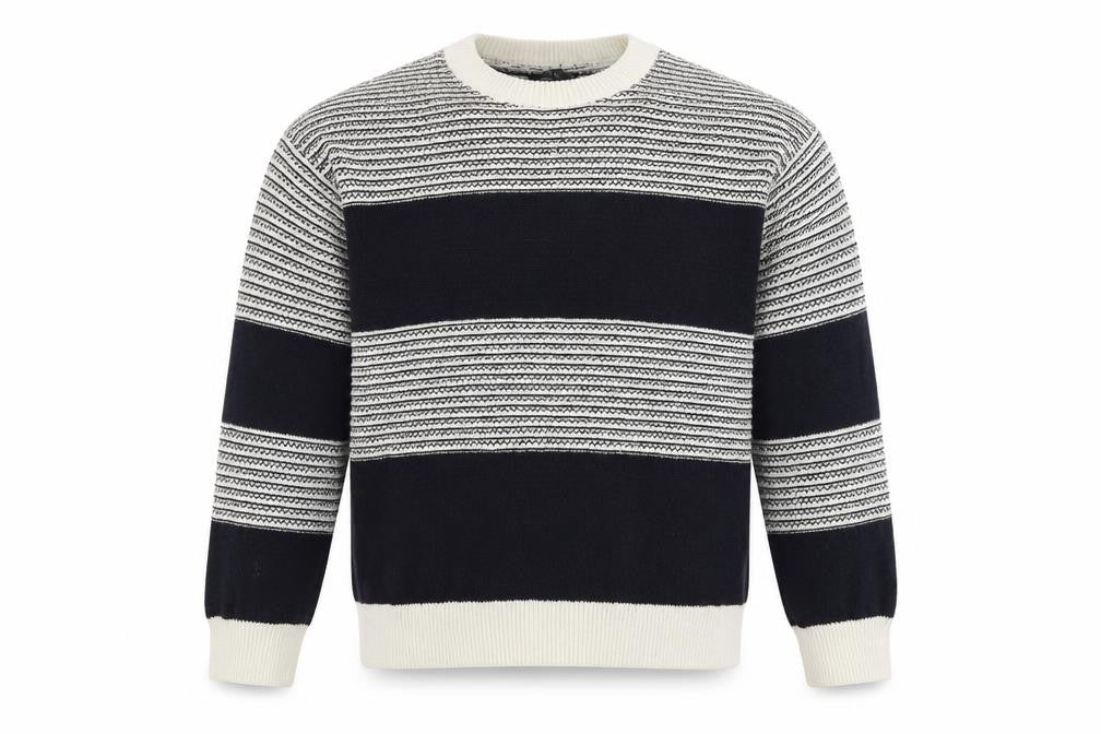 Front view of Dunnes Men’s Blue White Striped Crew Neck Knit Jumper, size M